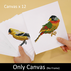 12 Colorful bird diamond painting shown with pen tool, drills, and canvas – DIY art kit.