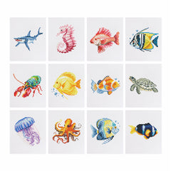 Ocean Whispers diamond painting kit with 12 ocean animal patterns including fish, sea turtle, jellyfish, and seahorse. DIY art set for sea lovers.