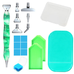 Diamond painting tool kit with green resin pen and accessories, include pen, tips, trays, and wax ,designed for DIY hobbyists who enjoy neat, precise diamond art.