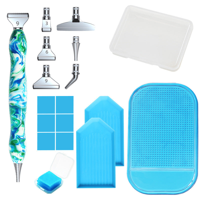 Diamond painting pen kit with green-blue marble pen, 6 metal tips, trays, wax, mat & box – perfect for organized, multi-style DIY creators.