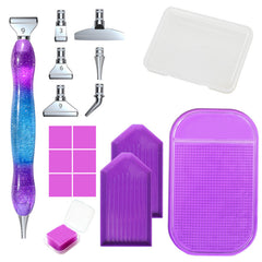 17 piece Diamond painting pen set with ergonomic purple-blue pen, 6 tips, trays & case – ideal for beginners and experienced crafters alike.