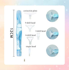 Diamond painting pens size and tip details shown for blue pen. Helps users understand grip size and functional tip options.