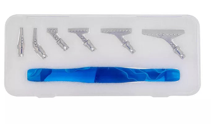 Blue diamond painting pen with 6 interchangeable alloy tips shown in case – great for organizing your tools in one place.
