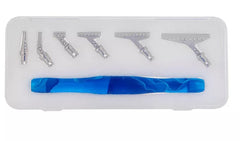 Blue diamond painting pen with 6 interchangeable alloy tips shown in case – great for organizing your tools in one place.