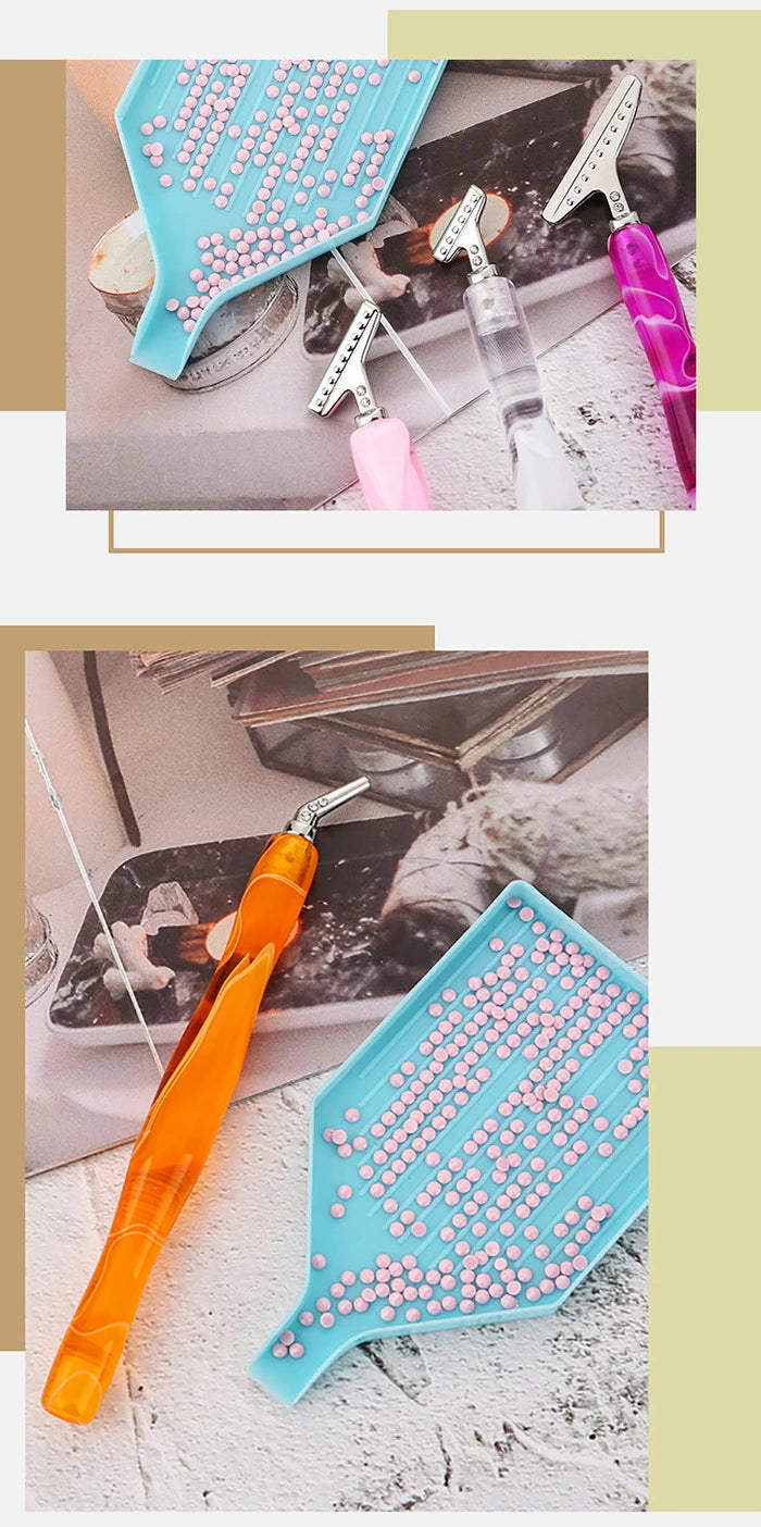 Orange diamond painting pen in use with tray and drills – ideal for detail-oriented DIY crafters and those seeking stress-free sessions.