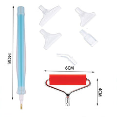 8-piece diamond painting pen kit with blue pen (14cm), red roller (6x4cm), and 6 interchangeable tips for precision DIY projects at home or on the go.