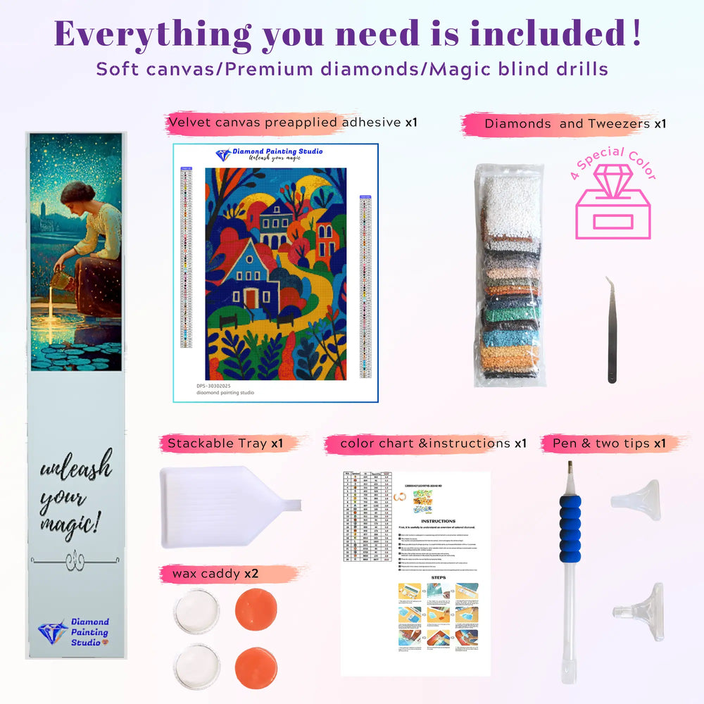 DIY kit for Abstract Mountain Village diamond art, includes canvas, resin drills, and tools, designed for creative beginners or experienced crafters seeking vibrant abstract home décor.