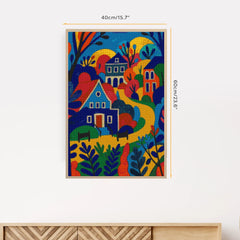 Framed Abstract Mountain Village diamond painting, colorful abstract houses and trees, ideal for adding playful modern art to living rooms, studios, or creative office walls.