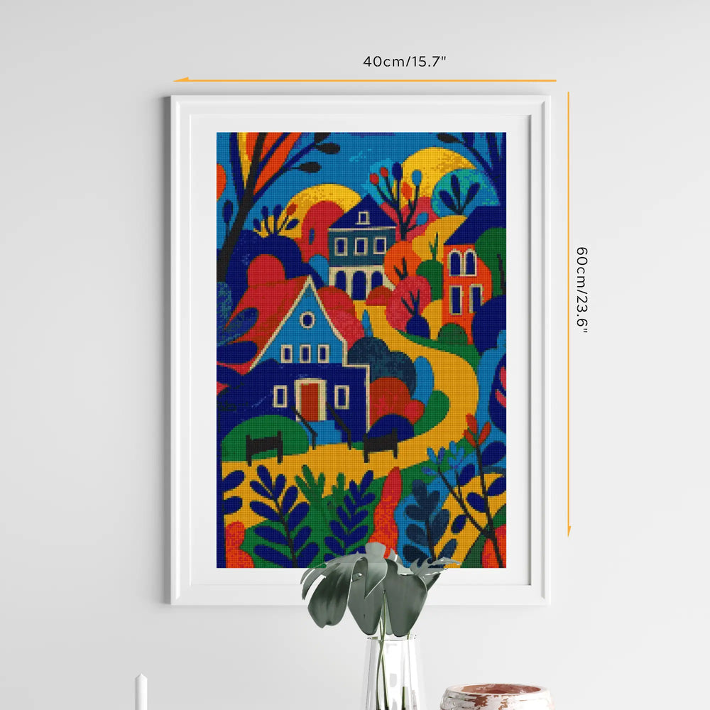 Abstract Mountain Village diamond art displayed in home décor setting, perfect for art enthusiasts, families, or DIY hobbyists who enjoy playful, vibrant wall art in daily living spaces.