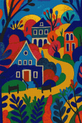Finished Abstract Mountain Village diamond painting shown framed and lit to highlight the sparkling resin drills, bold color-blocked houses, winding mountain path and lush foliage; part of the Creative / Nature / Abstract series and large-canvas collection. Ideal for art lovers, beginners and DIY crafters for mindful relaxation, home wall décor, living room focal point, or a heartfelt handmade gift; crafted on soft canvas with premium drills to showcase texture and shimmer.