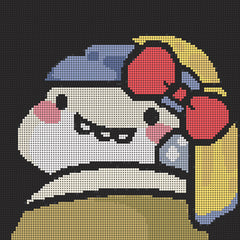 Pixel preview of small funny diamond painting kit featuring a cartoon monster with a bow, full round drill pattern.perfect for whimsical home or office decor.