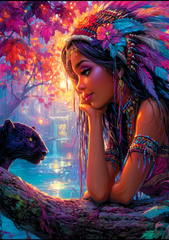 50x70cm diamond painting of a woman with feathers beside a panther in vibrant amazon rainforest colors. Square resin drills and soft canvas for magical decor.