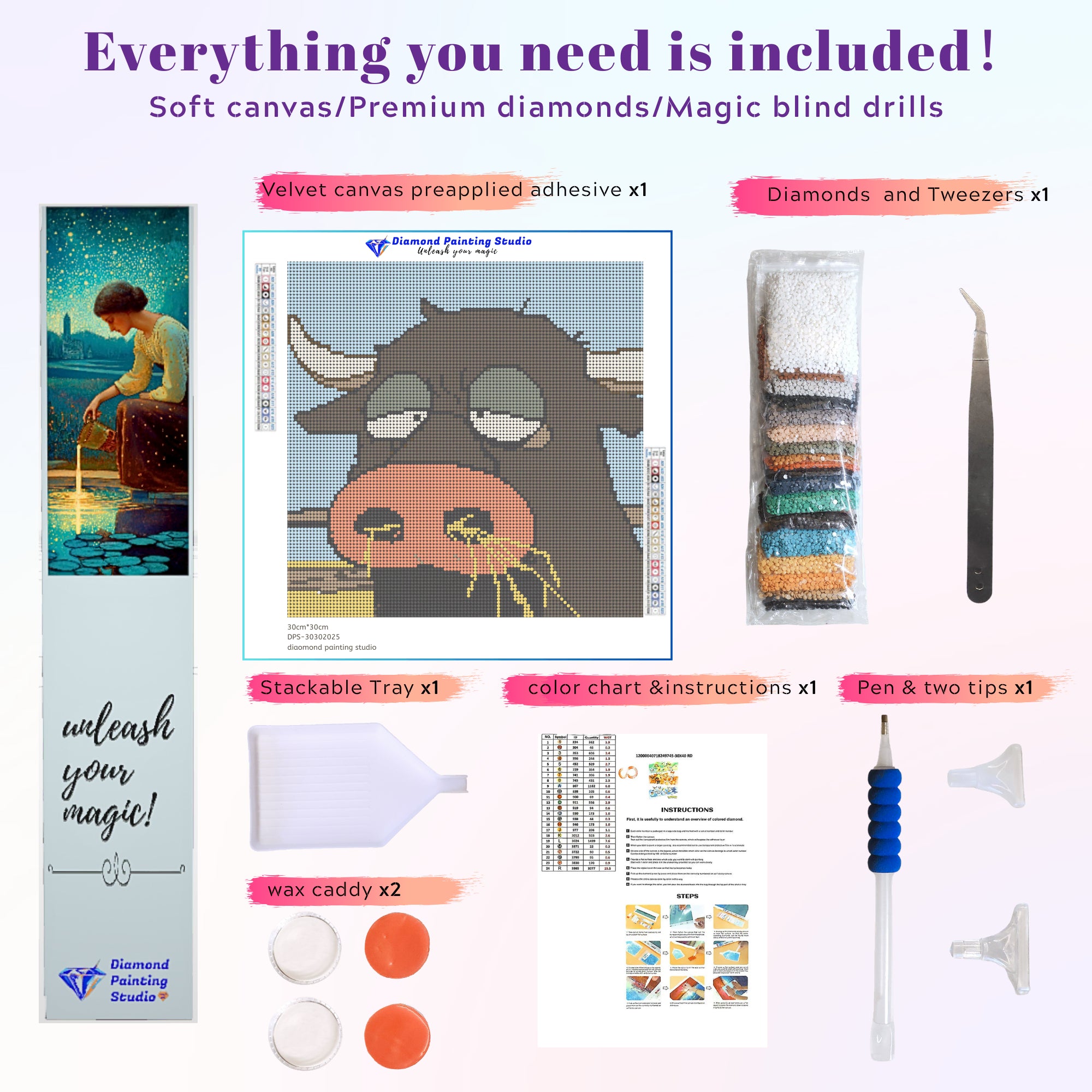 Preview of 30x30cm full round drill cow diamond painting kit with diamond pen
,glue, and tools; beginner-friendly DIY gift from Small Funny series.