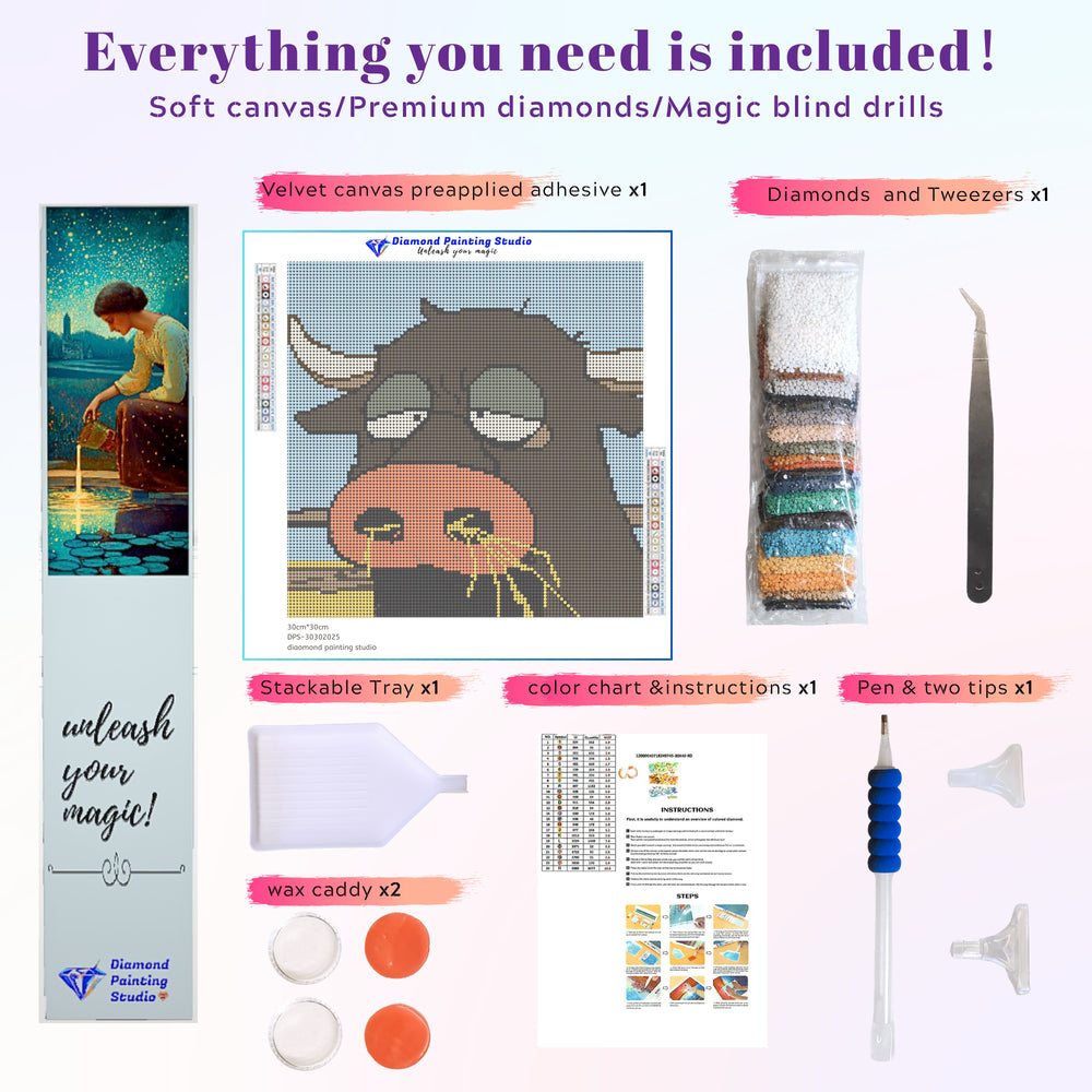 Preview of 30x30cm full round drill cow diamond painting kit with diamond pen
 ,glue, and tools; beginner-friendly DIY gift from Small Funny series.