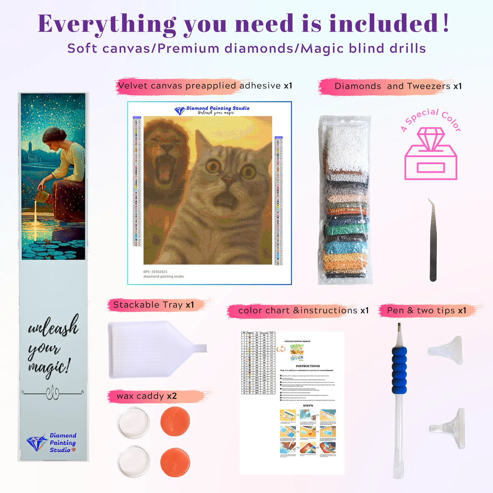 DIY diamond painting kit with included tools and accessories, featuring the funny “cat selfie with lion” artwork—great for beginners and gift ideas.
