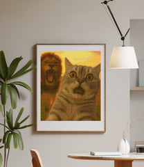 A hilarious diamond painting kit displayed in a cozy modern room, showing a wide-eyed cat snapping a selfie as a lion roars in the background—perfect wall art for animal lovers and humor fans.