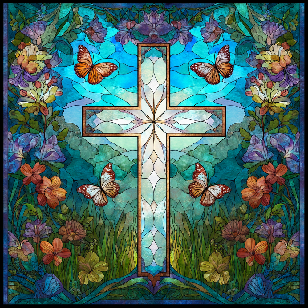 50x50cm diamond painting of a stained-glass cross with butterflies and blooming flowers. Square resin drills and soft canvas for spiritual DIY art.