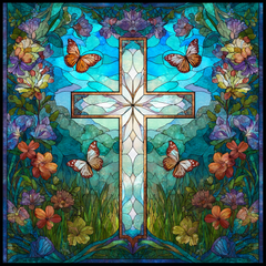 50x50cm diamond painting of a stained-glass cross with butterflies and blooming flowers. Square resin drills and soft canvas for spiritual DIY art.