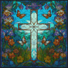 Preview of “Celebration Of Life” diamond art kit showing a luminous cross with butterflies and florals on a blue-green stained-glass background. 50x50cm square canvas.