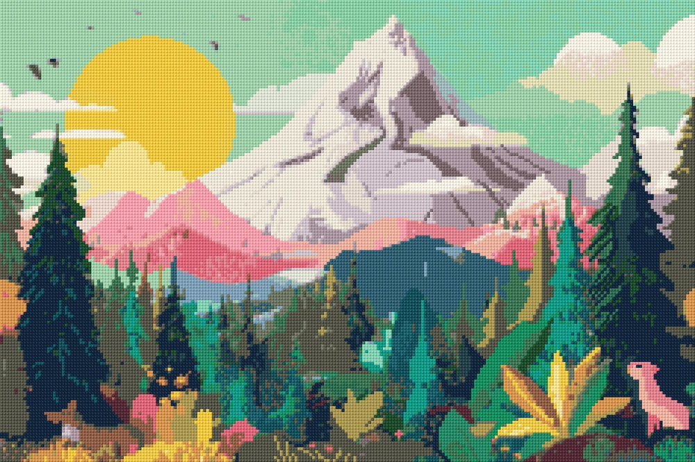 Close-up of the Sunrise Mountain Forest Flower diamond painting kit, part of the Nature Series and Large Canvas Collection, showing detailed snowy mountain peaks, blooming wildflowers, and evergreen trees. The large canvas provides high-definition printing, making every resin drill placement precise and visually stunning. This DIY kit is perfect for beginners who want to relax with a guided project, as well as seasoned hobbyists seeking a creative challenge. Crafted with high-quality materials, it offers ho
