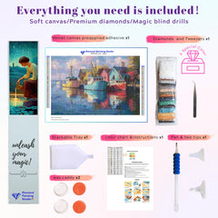 Complete accessory set of the Peaceful Lakeside Cabin Reflection diamond painting kit, part of the Nature Series and Large Canvas Collection. The kit includes premium resin drills, a soft high-quality canvas, applicator pens, trays, and wax, ensuring everything needed for a successful DIY experience. Featuring the lakeside cabin and boat reflection design, this diamond painting is suitable for beginners exploring a new relaxing hobby, as well as experienced crafters seeking a large-format challenge. Perfect