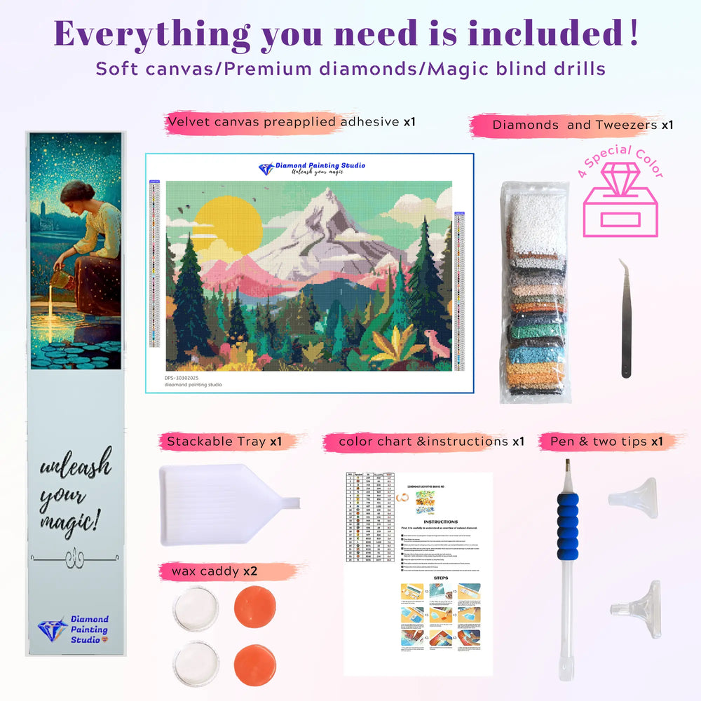 Complete accessory set of the Sunrise Mountain Forest Flower diamond painting kit from the Nature Series and Large Canvas Collection. This kit includes soft canvas, premium resin drills, applicator pens, wax, and trays, providing everything needed for a successful DIY experience.