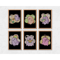 Set of mini small cute ghost diamond paintings in pastel pink and beige tones, each 20x30cm with 3,229 round drills in 5 colors including one AB drill. Great for 2-hour mindful craft, family bonding, or creative breaks.