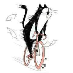 Small diamond painting of a cycling cat in a cartoon style, perfect as funny desktop decor or quirky friend gift.