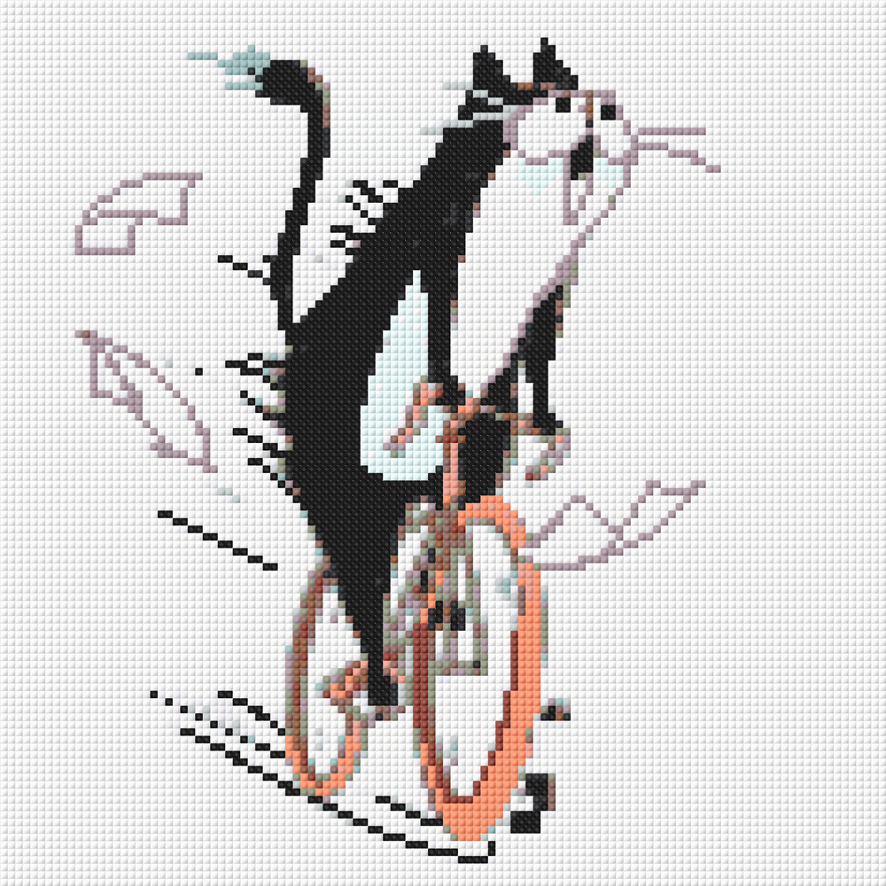 Small diamond painting of a cycling cat in a cartoon style, perfect as funny desktop decor or quirky friend gift.