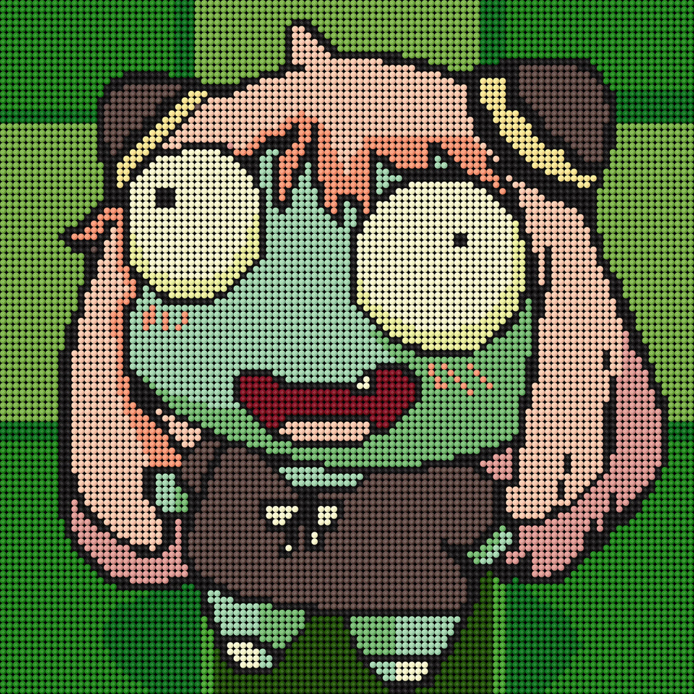 Detailed view of the silly zombie girl with pink hair and a mischievous smile, ideal for creative minds who enjoy lighthearted horror themes.