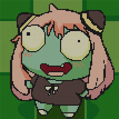 Detailed view of the silly zombie girl with pink hair and a mischievous smile, ideal for creative minds who enjoy lighthearted horror themes.