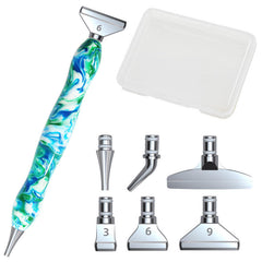 Diamond painting tools with blue marbled pen, angled and multi-tip options – made for comfort, control, and sparkling art.