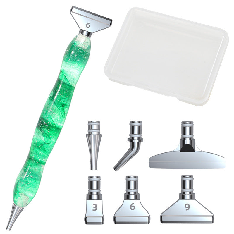 Diamond painting pen kit with green glitter resin pen, multi-placer tips and case – ideal for creative hobbyists who value precision and beauty.