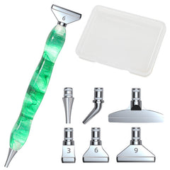Diamond painting pen kit with green glitter resin pen, multi-placer tips and case – ideal for creative hobbyists who value precision and beauty.