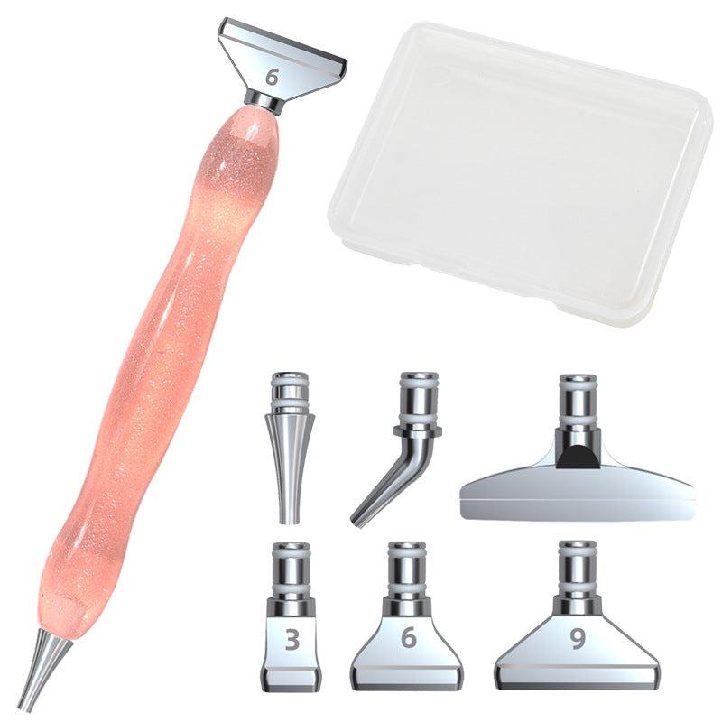 Diamond painting pen set with pink ergonomic pen, 6 metal tips, and storage box – perfect for detailed work and beginner-friendly crafting.
