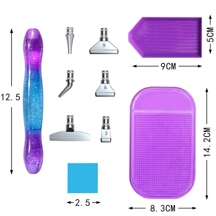 Close-up of diamond painting pen tips with size labels – helps crafters choose the right multi-placer for detailed or broad work.