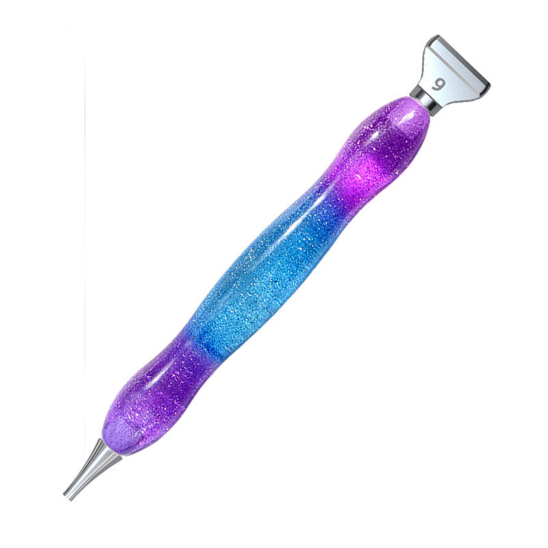 Double-ended purple-blue resin diamond painting pen with glitter finish, perfect for long crafting sessions and sparkle-loving DIY creators.
