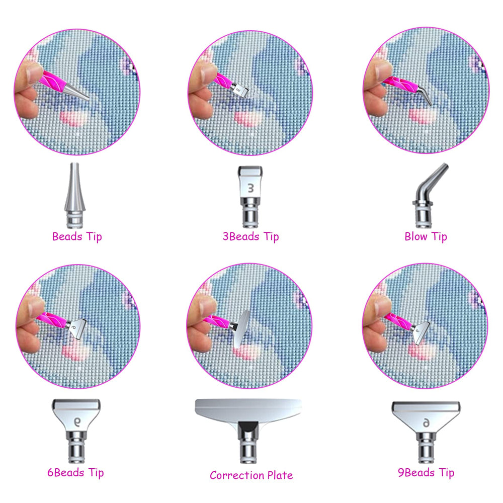 Diamond painting multi-tip pen set with 6 metal tips: beads tip, 3-beads, 6-beads, 9-beads, blow tip, and correction plate. Perfect for speed, precision, and neat bead alignment in DIY diamond art projects. Each tip ensures easier color handling, faster coverage, and a polished finish, making it beginner-friendly and essential for professional crafters.