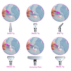 Diamond painting multi-tip pen set with 6 metal tips: beads tip, 3-beads, 6-beads, 9-beads, blow tip, and correction plate. Perfect for speed, precision, and neat bead alignment in DIY diamond art projects. Each tip ensures easier color handling, faster coverage, and a polished finish, making it beginner-friendly and essential for professional crafters.