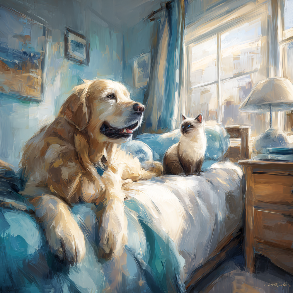 50x50cm diamond painting kit showing golden retriever and Siamese cat napping on a sunny bed. Square resin drills and soft canvas.