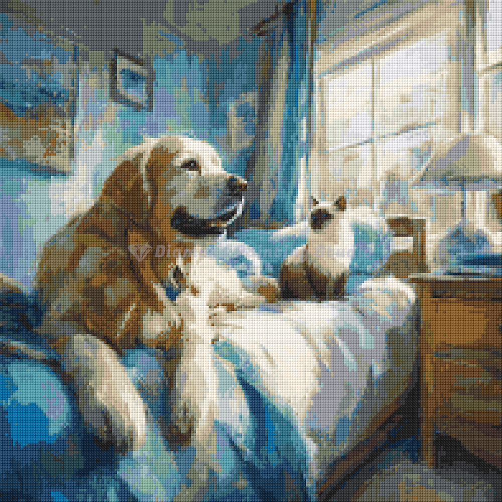 Preview of 50x50cm square diamond painting featuring cozy dog and cat duo on bed. Perfect for relaxing DIY pet-themed wall art.