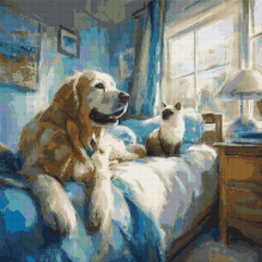 Preview of 50x50cm square diamond painting featuring cozy dog and cat duo on bed. Perfect for relaxing DIY pet-themed wall art.