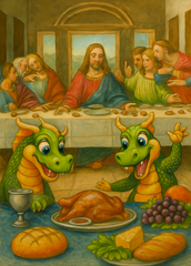 50x70cm diamond painting kit showing dragons at a sacred banquet table. Square resin drills, soft canvas—perfect for fantasy and food art lovers.