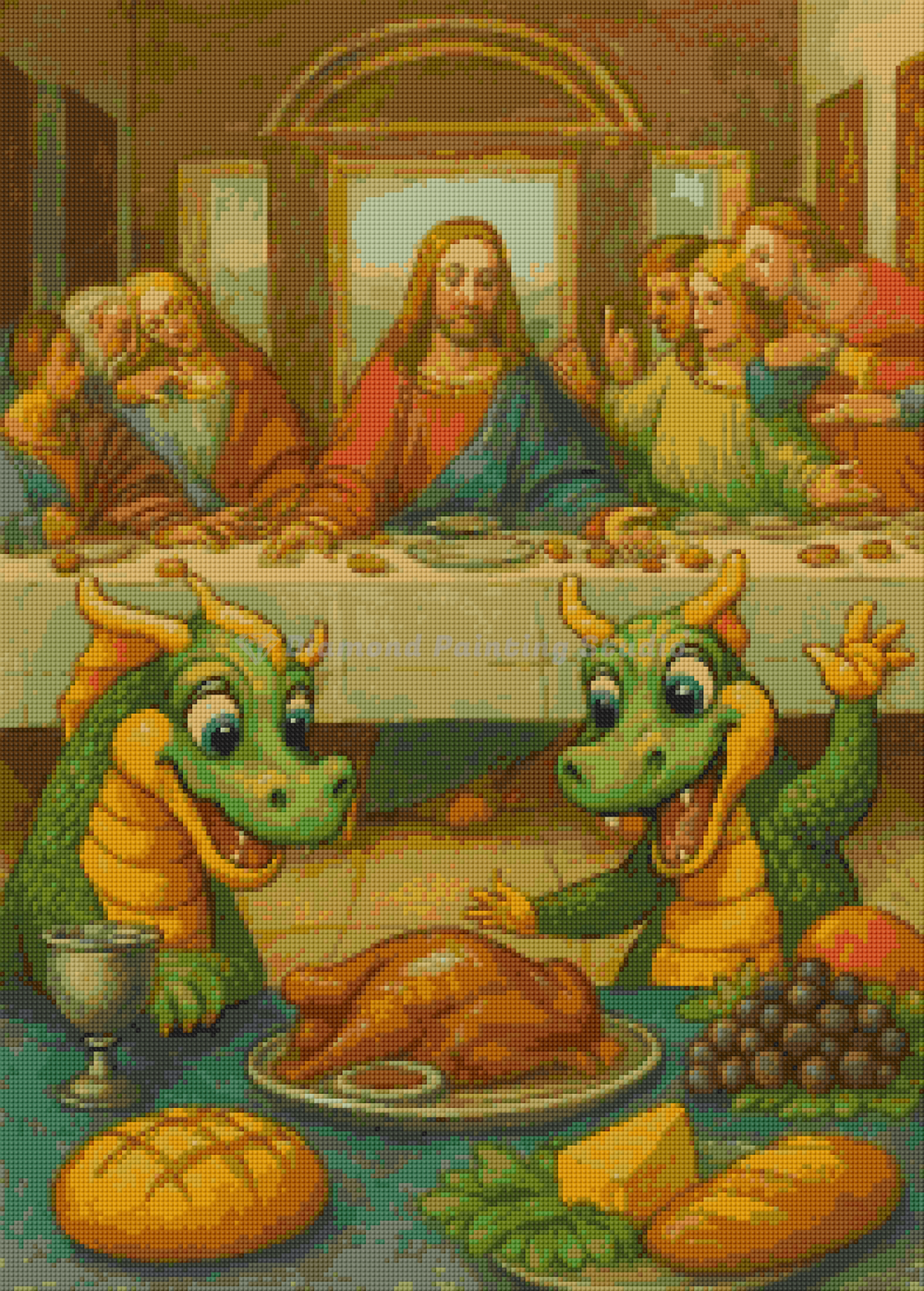 Preview of 50x70cm fantasy diamond painting with dragons at feast table. Square resin drills and soft canvas—whimsical DIY wall decor.