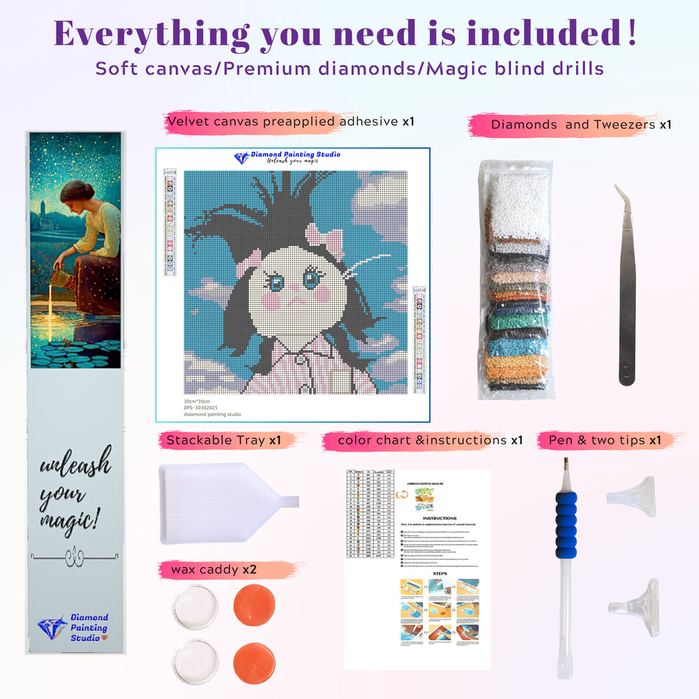 This image showcases a complete diamond painting kit featuring the Fluffy Bow Kitty character, including colorful resin drills, pen, tray, and wax. The tools are arranged alongside the cute cat canvas, ideal for beginners looking for a relaxing and funny DIY project. It’s a small diamond painting set that’s perfect for gifting or crafting a lighthearted desktop decor piece.