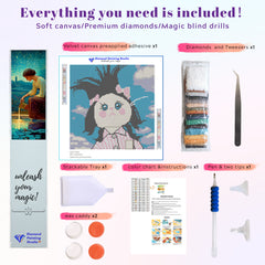 This image showcases a complete diamond painting kit featuring the Fluffy Bow Kitty character, including colorful resin drills, pen, tray, and wax. The tools are arranged alongside the cute cat canvas, ideal for beginners looking for a relaxing and funny DIY project. It’s a small diamond painting set that’s perfect for gifting or crafting a lighthearted desktop decor piece.