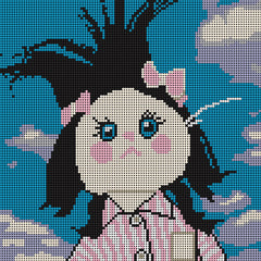 A charming small diamond painting of a fluffy kitten with bright blue eyes, a pink bow, and a striped shirt. The image captures the quirky yet adorable vibe of the Fluffy Bow Kitty character, making it a standout piece for cat lovers and those who enjoy cute DIY decor. Ideal as a friend gift or desk decoration, this funny diamond art project is easy to complete and brings a soft, playful mood to any small space.