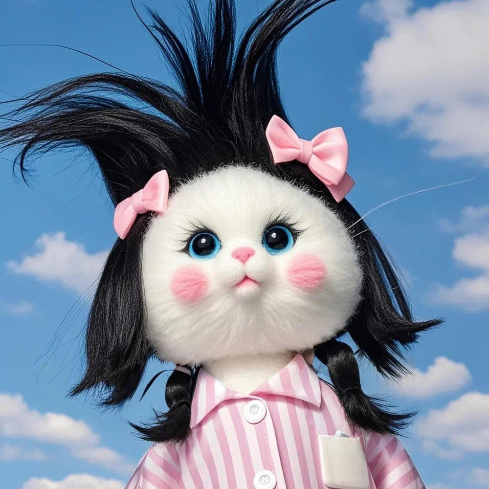 Close-up of a plush-like cartoon cat with vibrant details and expressive eyes, captured in a 30×30cm small diamond painting. A perfect mix of humor and sweetness, ideal for cat-themed desktop decor or as a novelty gift for creative friends.