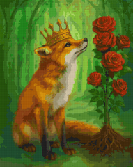 Diamond painting preview: The canvas is shiny and soft, with clear markings. After creation, the diamonds are vibrant and easy to use.Finished diamond painting of crowned fox in floral forest scene, ideal fox wall decor for DIY enthusiasts and animal lovers.