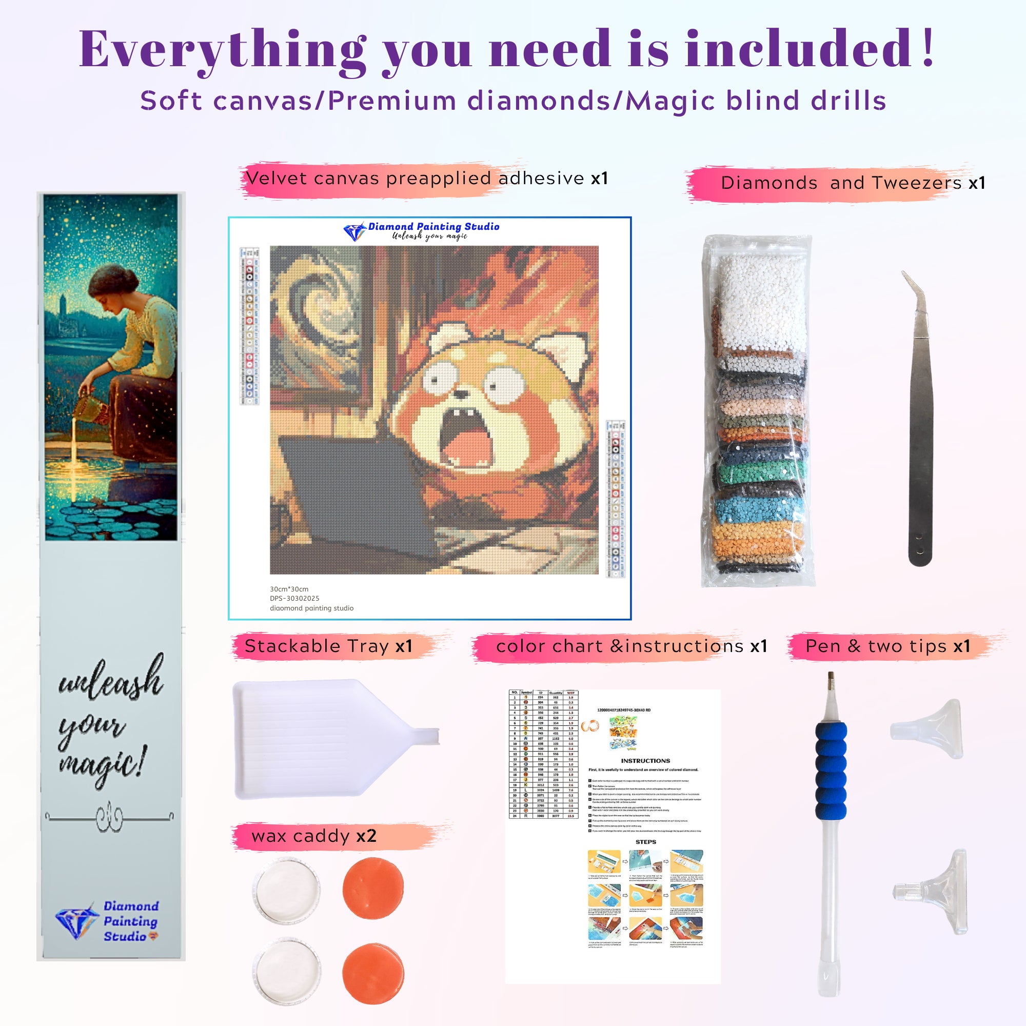 Includes everything needed to bring the Frantic Red Panda design to life—canvas, tools, and colorful resin drills. A great kit for beginners who enjoy expressive characters, stress-relief crafting, and desktop decor that tells a story.